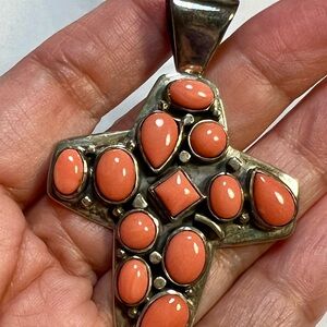 Vintage Pink Coral Cross Pendant by Jay King DTR 925, Zuni design.